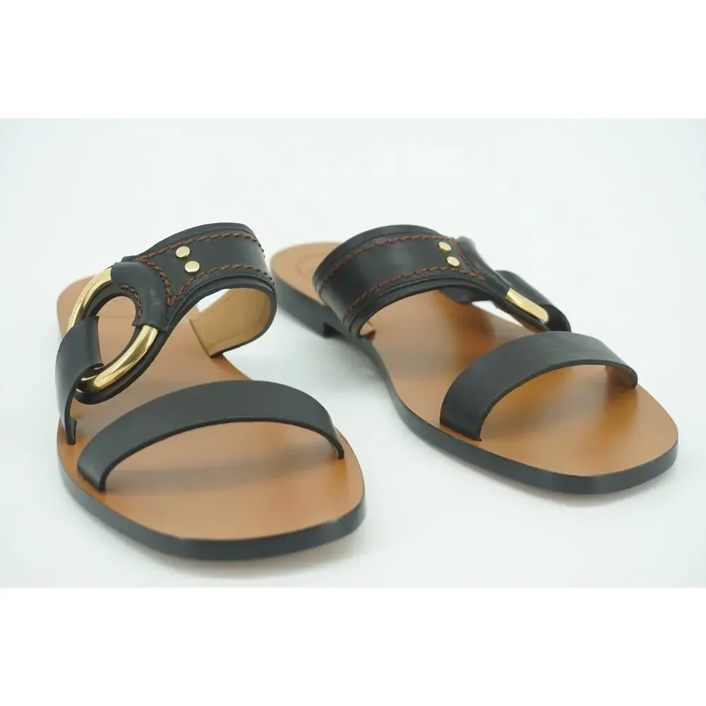 Chloe Demi Slide Buckle Glide Flat Sandals SZ 38 NIB New $670 Black Leather